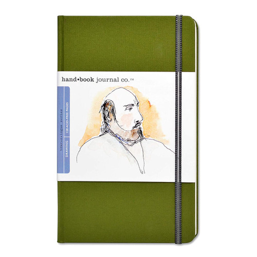 Hard-bound with a book cloth cover, Hand Book Journal Co. Travelogue Series Artist Journals have just the right amount of flexibility. Great for pen, ink, pencil, and markers. Accepts light watercolor washes without buckling. These artist journals are wrapped with a durable elastic band with a clear envelope inside the back cover and sewn-in ribbon bookmark. Contains 128 pages of heavyweight, 100% acid-free, buff drawing paper with a good tooth. Large portrait journals are 5.5" x 8.25".