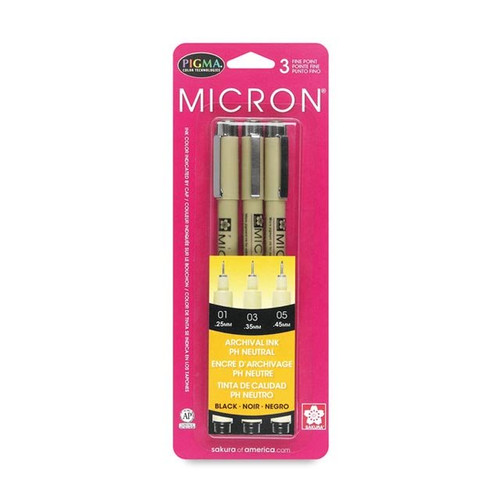 An image of Sakura Pigma Micron Set Of 3 Assorted Size Black Pens.